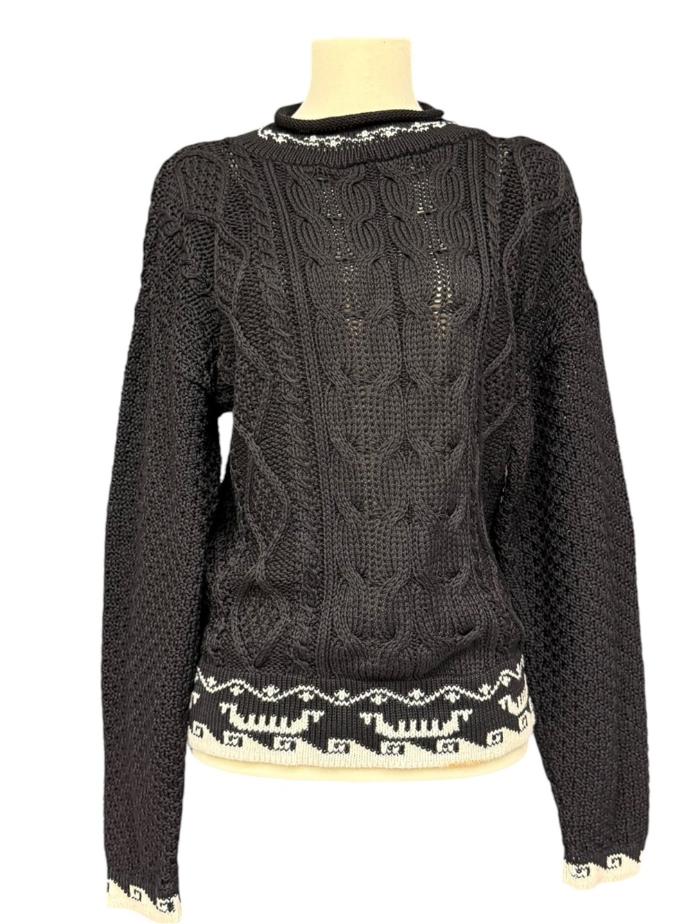 Vintage British Passages Black Cable Knit Sweater Fair Isle Trim Medium - Picture 4 of 12